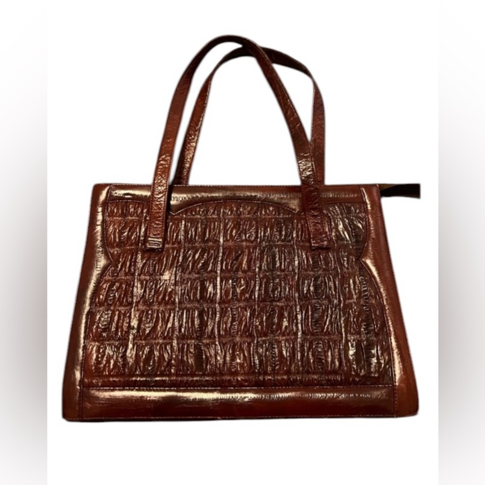 Vintage mock crocodile burgundy brown handbag with zipper enclosure